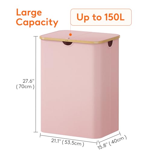 Lifewit 150L Laundry Basket with Lid, Clothes Hampers for Laundry with Bamboo Handles and 2 Removable Bag, Large Foldable Laundry Hamper for Bedroom, Bathroom, Dorm, Laundry Room, Pink - color: Pink, size: 150L