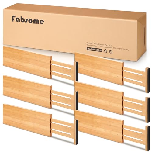 Fabsome Dresser Drawer Organizers 6 Pack, 4.65'' High Adjustable from 17-22‘’ Bamboo Drawer Dividers for Clothing Baby Clothes, Wooden Separators for Dresser Nursery Organization with Soft Foam Ends - size: For 17-22in deep drawers inner size