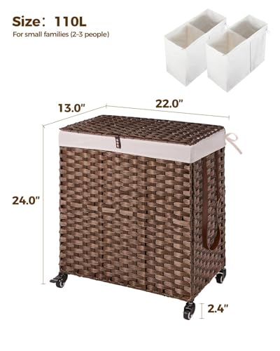 Greenstell Laundry Hamper with Wheels, No Install Needed, 110L Divided Handwoven Hampers & 2 Removable Liner Bags, Rattan Clothes Laundry Basket with Lid & Handles, Foldable Hampers Brown 22x13x26.4In - color: Brown, size: 110L: 22.0x13.5x26.4 Inches