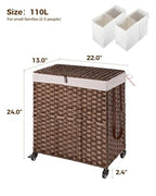 Greenstell Laundry Hamper with Wheels, No Install Needed, 110L Divided Handwoven Hampers & 2 Removable Liner Bags, Rattan Clothes Laundry Basket with Lid & Handles, Foldable Hampers Brown 22x13x26.4In - color: Brown, size: 110L: 22.0x13.5x26.4 Inches