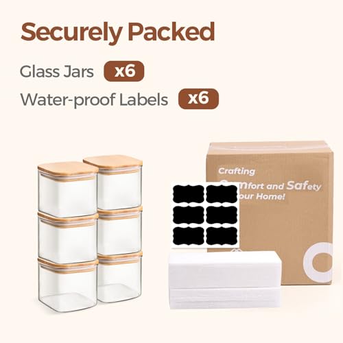 ComSaf 0.6 Qt Glass Food Storage Jars Set of 6, Clear Storage Containers with Airtight Lids, Pantry Organization Jar, Spice Jar, Blooming Tea, Coffee and Sugar Container, Canister Set for Kitchen - size: 0.6Qt*6