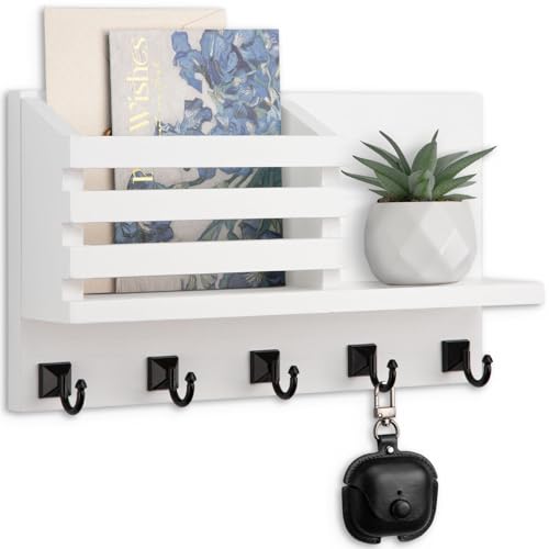 Key Holder Wall Mount, Mail Organizer for Wall with 5 Square Rustic Key Hooks Key Shelf Farmhouse Home Decor for Entryway - color: White