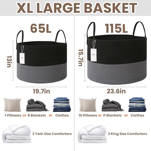 JMvicyroam 115L Extra Large Blanket Basket for Living Room - Woven Cotton Rope Laundry Hamper with Reinforced Handles - Storage Bin for Pillows, Comforters & Toys - Machine Washable, Black&Grey - color: Black&Grey, size: 115L