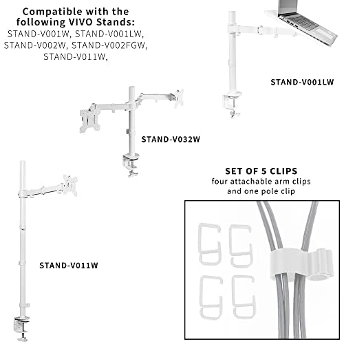 VIVO Cable Management Clips for Desk Monitor Stands, Computer Office Workstation Cord Organization Kit, 1 Pole Clip and 4 Arm Clips, Set of Monitor Mount Wire Holder Hooks, White, PT-SD-WC05CW - color: White