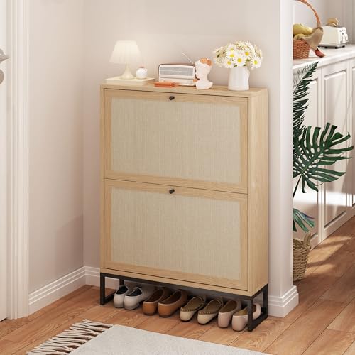 AVZEAR Narrow Shoe Storage Cabinet for Entryway with Natural Linen Panel, Freestanding Slim Shoe Cabinet with 2 Flip Drawers, Wood Shoe Organizer Closed Shoe Rack for Hallway, Living Room(Natural) - color: Natural, size: 2 Drawers Single Layer