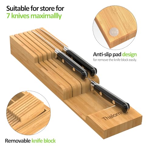 Bamboo Kitchen Drawer Organizer, Expandable Silverware Organizer with Removable Knife Block, 6-8 Slots- Utensil Holder & Cutlery Tray Drawer Dividers, 2.36" Deep for Extra Capacity, Natural - color: Natural