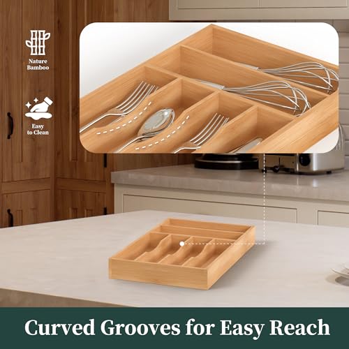 Silverware Organizer, Bamboo Kitchen Drawer Organizer, Utensil Holder, Cutlery Tray & Spoon Flatware Storage with Grooved Drawer Dividers (10''W x 16''D) - color: Natural, size: 10''W x 16''D