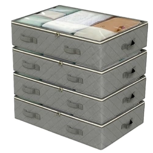 4 Pack Under Bed Storage, Closet Organizers and Storage Containers with Clear Window Foldable Underbed Storage Bags for Clothes,Shoes, Blankets Pillows, Linen Sheets, Grey