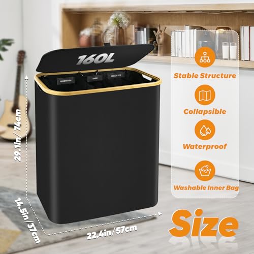 160L Laundry Hamper 3-Section, Laundry Basket with Lid, Dirty Clothes Basket, Laundry Basket Organizer with 5 Sorting Labels and 2PCS Laundry Bags for Bedroom, Dormitory, Laundry Room