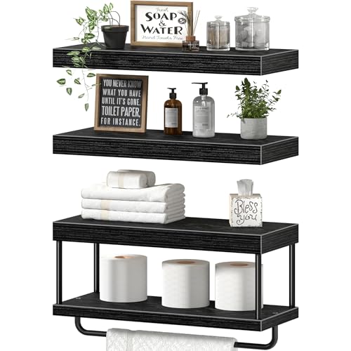 QEEIG Bathroom Floating Shelves Over Toilet - Wall Mounted Shelf Toilet Paper Storage Farmhouse 16 inch Set of 3, Black (027-40B3)