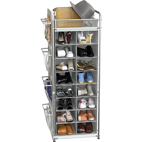 Simple Houseware 16 Cube Shoe Stand Tower Rack 8 Tier with Top Shelf and Side Hanging Pockets, Gray - color: Gray