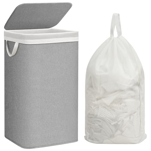 STORAGE MANIAC Metal Frame Laundry Hamper with Lid, 90L Tall Laundry Baskets with Removeable Bag, Large Clothes Hamper with PU Tag, Laundry Bin for Dorm, Collage, Bathroom, Bedroom, Gray - size: 1 Section