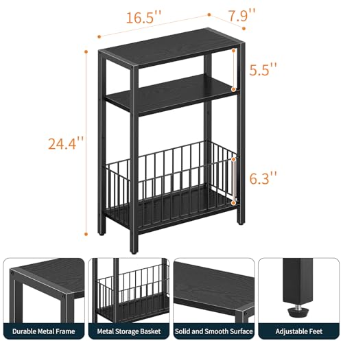 Yoobure Narrow Side Table with Storage Basket, Small End Table for Small Spaces, Skinny Side Tables Living Room Bedroom Office, Slim Nightstand 3 Tier Bedside Table Space-Saving for Magazine, Black - color: Black