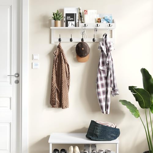 AMBIRD Wall Hooks with Shelf, 26.57 Inch Entryway Wood Coat Hooks for Wall, Coat Rack Wall Mount with 5 Dual Hooks 3 Key Hooks Mail Organizer and Key Rack Holder (White) - color: White, size: 26.57" L