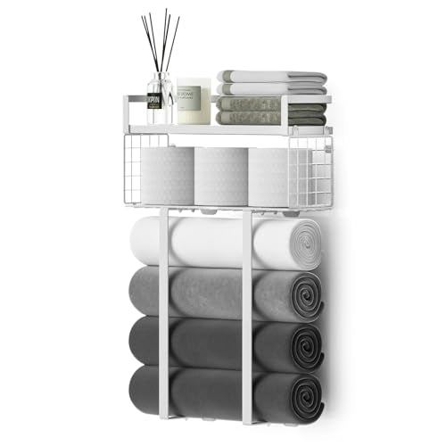 Towel Racks for Bathroom, Bathroom Shelf Over Toilet,Floating Shelves with Towel Rack Paper Holder Storage Basket,Floating Shelves for Wall Decor,White - color: White, size: Large