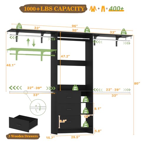 Aheaplus Closet System, Closet Organizer with 3 Wooden Drawers, 8FT Closet Organizer System, 96’’ Walk-in Closet Wardrobe Clothes Rack with Hanging Rods, Adjustable Garment Rack, Fits 5.3-9 ft, Black - color: Black