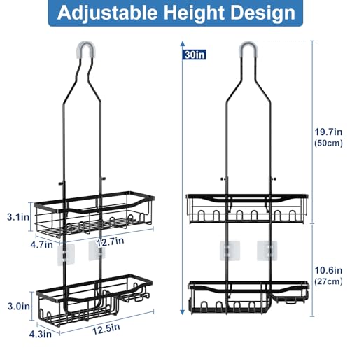 Upgraded Extended Length Shower Organizer with Hooks, Rustproof Shampoo Soap Holder, Large Hanging Bathroom Caddy - color: Black - 2 Tier - Standard