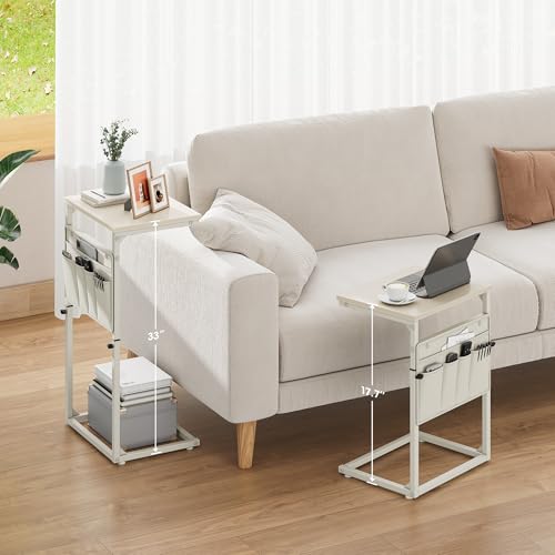 Vagusicc C Shaped End Table, 32'' Tall Side Table for Couch, Adjustable Height Small Couch Side Table for Small Spaces, End Table Slide Under Sofa Table TV Tray Table Arm Table for Living Room - color: Cream White