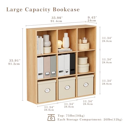 VDNEND Wooden Storage Organizer with Closed Back Panel, 11in Cube Shelf Opening, Bookshelf, Display Shelf,Closet Cabinet for Home and Office (Natural Oak, 9-Cube 35.98L*9.45W*35.91H) - color: Natural Oak, size: 9-Cube 35.98L*9.45W*35.91H