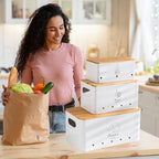 Metal Potato Onion and Garlic Storage Tin Set of 3, White Kitchen Vegetable Canisters with Bamboo Lid and Aerating Holes, Stackable Kitchen Keeper Storage for Countertop Pantry - color: A - White Vegetable Canisters