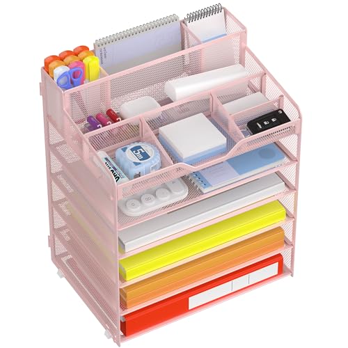 Docnest 6 Tier Mesh Desk Organizer for Paper Office Supplies – Multi-Functional Letter Tray with 5 Adjustable Compartments, 9 Pen Holders, Desktop Storage for Files, Mail, Stationery – Pink - color: Pink, size: 12.7" x 9.1" x 15.5"