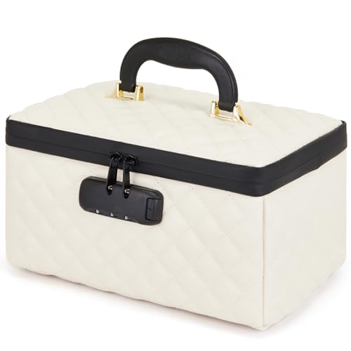 KaAutoler Portable makeup box with Lock, Large Capacity Travel Makeup Case Organizer, Makeup Bags for Girls Traveling With Handle and Divider Makeup Bag (off-white) - color: off-white