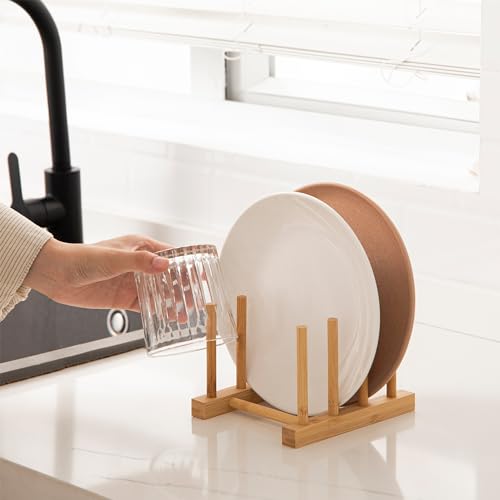 HBlife 2pcs Bamboo Dish Plate Bowl Cup Book Pot Lid Cutting Board Drying Rack Stand Drainer Storage Holder Organizer Kitchen Cabinet（Keep Dry） - color: Bamboo 3 Slots 2pcs