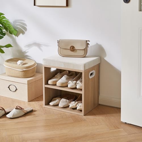YMYNY Small Shoe Storage Bench with Cushion, 2 Tier Entryway Bench with Storage, Shoe Rack Bench for Entryway, Living Room, Hallway, Closet, Bedroom, 15.4L*11W*16.54H, Light Natural UHBD028R - color: Light Natural