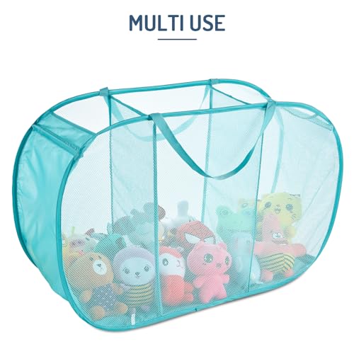 Seiritex Mesh Popup Laundry Hamper 3 Compartment Sortable Horizontal Collapsible Laundry Basket for Clothes Laundry Room Bedroom Toys Travel (Turquoise Blue) - color: Turquoise 3-compartment