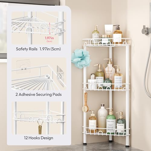 SWTYMIKI Standing Shower Caddy Corner - 3‑Tier Stainless Steel Shower Organizer Shelf with 12 Hooks and Adhesive Pads, Rustproof Corner Shelves Stand Rack for Bathroom Shower Room, white - color: White