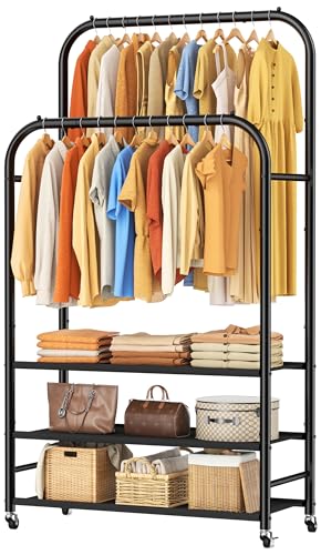 HOMIDEC Double Rods Clothes Rack Clothing Rack with 3 Tier Storage Shelves Clothes Rack for Hanging Clothes Multifunctional Clothes Organizer Bedroom,Wardrobe Closet,Shop,Black - color: Gloss Black