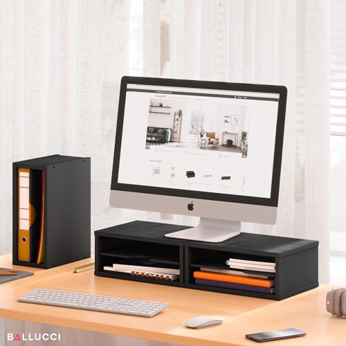 Ballucci File Organizer, 2-Tier Document Paper Sorter, Stackable Wood Desk Organizer Mail Holder, Monitor Stand with Storage Shelves, Black - color: Black, size: 2 Tier
