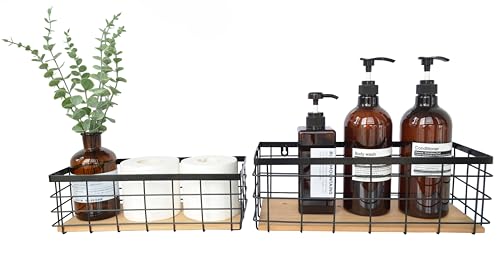 ShabbyDecor Metal Wire Basket Detachable Wood Base Storage Organizer Farmhouse Hanging Basket for Kitchen Cabinets, Bathroom, Pantry, Laundry Room Set of 2,Black Color - color: Black, size: Medium&Large