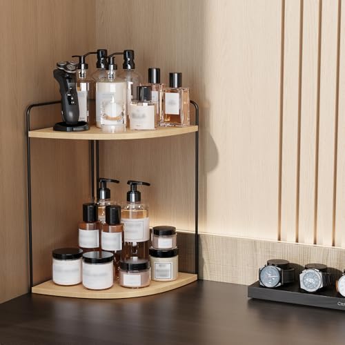 Forest Angle Bathroom Counter Organizer,Countertop Organizer,Vanity Organizers,Bathroom Storage,Bathroom Sink Caddy,Counter Shelf,Corner Counter,Corner Shelves(Black-Burlywood) - color: Black-burlywood 2 Tier