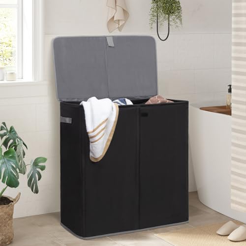 WOWLIVE Laundry Hamper with Lid,160L Large Laundry Basket 3 Section with Removable Washing Bags,Collapsible Waterproof Dirty Clothes Hamper for Laundry Room Bathroom Dorm,Black - color: Black, size: 160L (24.8x 14 x 27.5 Inches)