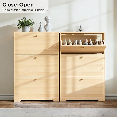 Nicetree Shoe Cabinet with 2 Flip Drawers，Freestanding Shoe Storage Cabinet, Narrow Shoe Organizer Cabinet, Farmhouse Slim Shoe Rack Cabinet for Entryway,Natural Oak with Hook - color: Natural Oak, style: 3-Drawers with Hook