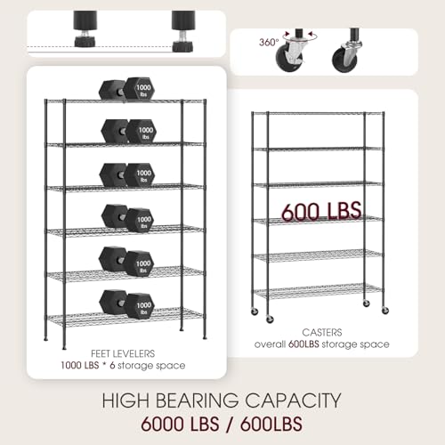 BestOffice | 6-Tier Wire Storage Shelves with Wheels | 48x18x77 | Black | Adjustable Racks | Heavy-Duty Metal Shelf, Holds Upto 600 lbs | No-Tool Assembly | Ideal for Home & Garage Shelving - color: Black, size: 48"D x 18"W x 77"H