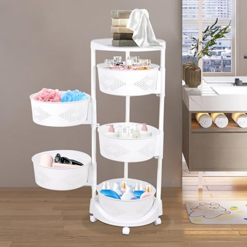 5 Tier Rotating Storage Shelf with Lockable Casters, Circular Rotating Basket Large Storage Rack with 360° Wheels 180° Rotating Multi-Layer Kitchen Storage Shelf (5 Tier) - size: 5 Tier