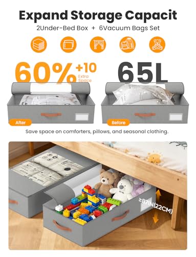 2-Pack Under Bed Storage Bins with Wheels and 6 Vacuum Seal Bags, Heavy Duty 80lbs Capacity, 65L Clear Lid Organizer for Dorm Bedroom Clothes Shoes Toys, Quick Assembly Space Saver (Gray, 7.9'' PLUS) - color: Gray, size: 7.9 inches PLUS