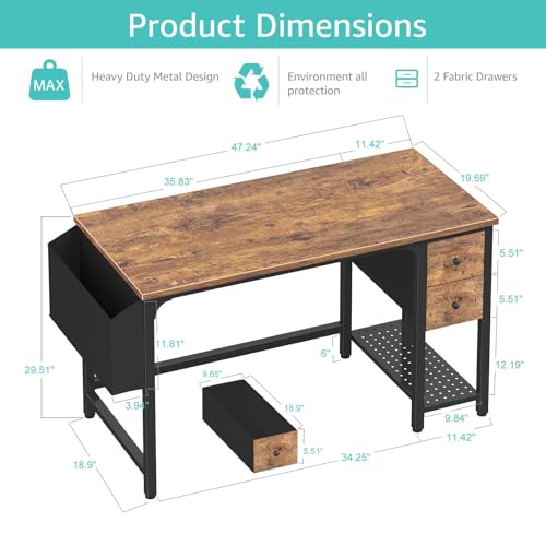 Lufeiya Computer Desk with Fabric Drawers, 47 Inch Desk for Small Space Home Office, Modern Simple Study Writing Table PC Desks for Bedroom, Rustic Brown - color: Rustic Brown, size: 47 inch