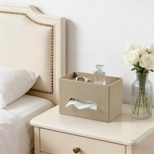 Plus Size Tissue Box Cover Rectangle, PU Leather Tissue Box Holder with Storage Tray, Decorative Organizer Tissue Holder for Bathroom, Bedroom Dresser, Night Stand, Office (Wooden Color) - color: Wooden Color