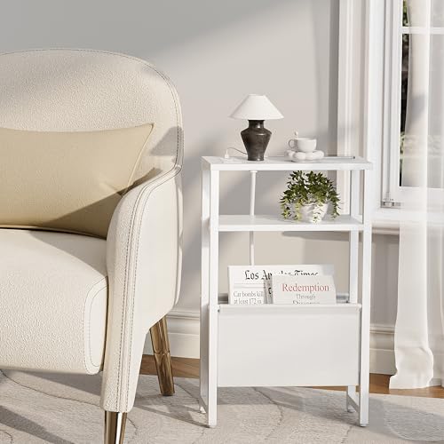 Narrow Side Table with Charging Station Slim End Table Sofa with Magazine Rack, Bedside Table for Small Spaces, 3 Tier Nightstand for Living Room Couch, Bedroom White LET503WE - color: White