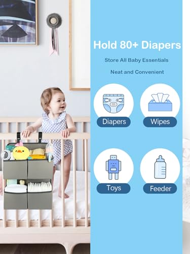 Hanging Diaper Organizer for Crib/Playpen/Bassinet/Playard – Hold 80+ Diapers - 4 Deep Pockets- Changing Table Diaper Holder Bag- Diaper Storage for Newborn Baby Essentials Stacker Caddy, Gray - color: Gray