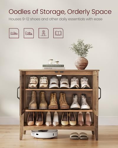 VASAGLE LIRY Collection - Shoe Cabinet, 3-Tier Storage Organizer, Shoe Shelf, Farmhouse Freestanding Cabinet, Height-Adjustable Shelf, 13.8 x 31.5 x 27.6 Inches, Honey Brown ULBC038B01 - color: Honey Brown, size: 13.8"D x 31.5"W x 27.6"H, style: 3-Tier