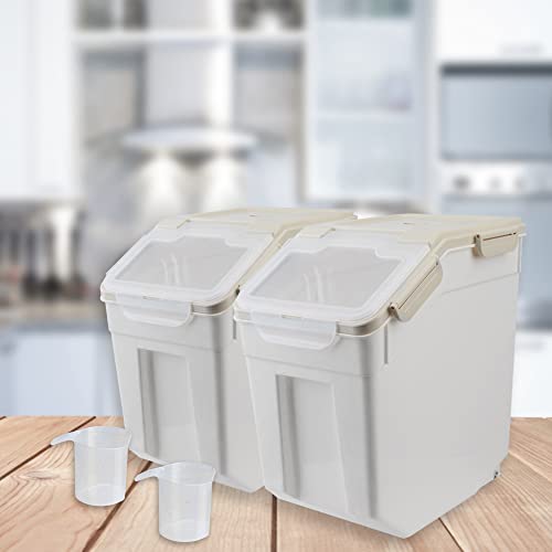 2 Pack Rice Storage Container with Measuring Cup 50 lb Flour Storage Container with Wheels, BPA Free Food Storage Container Dog Cat Food Bin Set for Dry Food Sugar, Cereal(Gray) - color: Gray 2Pack 50Lb