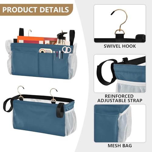 Caribbean Blue Bedside Caddy Storage Bag Bedside Organizer for Bunk Bed Headboards College Bedside Shelf Hanging Organizer 6 Pockets with Hooks for Book Glasses Phone Holder - color: Caribbean Blue