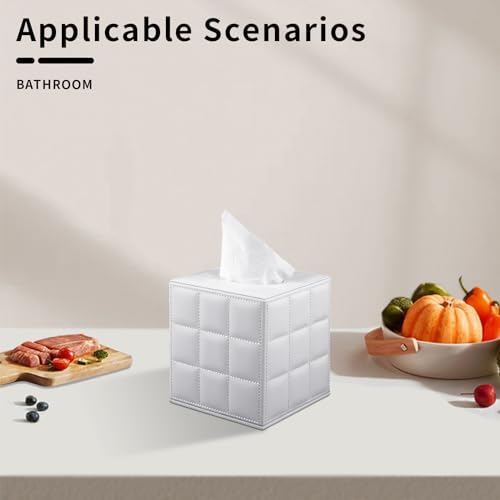 Tissue Box Cover Square Tissue Box Holder PU Leather Facial Organizer with Magnetic Bottom,Decorative Napkin Caddy for Vanity Dresser Night Stand Table Countertop Home Office Car,White - color: Square Tissue Box-white Grid