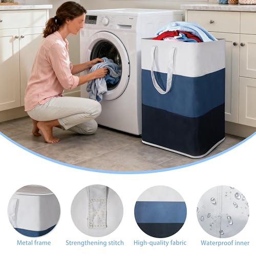 Stylish Freestanding Laundry Hamper with Portable Handles,72L Foldable Laundry Basket with Waterproof Liner,Bathroom Dirty Clothes Hamper,Multi-purpose Storage Bag Space-saving for Home,Dorm,RV(Blue) - color: Blue