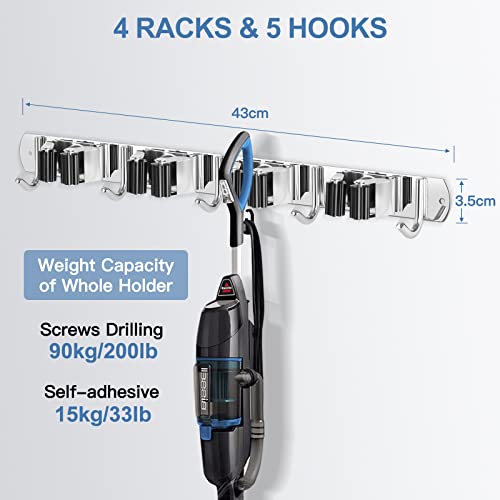 IMILLET 2 Broom Holder Wall Mounted, Stainless Steel Broom Mop Holder Self Adhesive Heavy Duty Hooks Storage Organizer for Home Laundry Room Garden Garage Closet Kitchen（4 Racks with 5 Hooks） - color: 4 Racks with 5 Hooks, size: 2 Pack