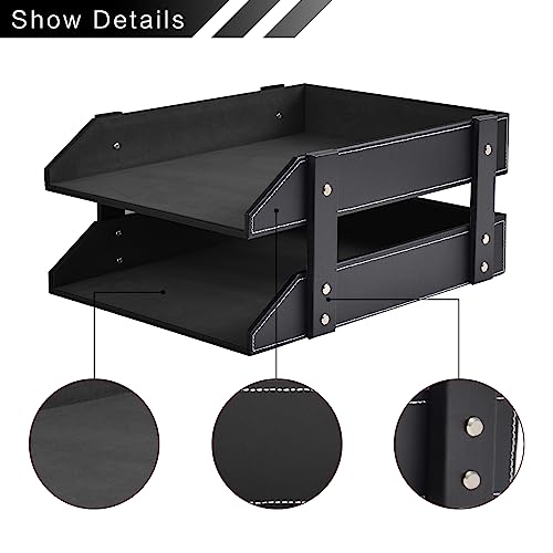 Leather Desk Organizer,2-Tier Stackable Letter Tray Holder,Office Supplies Desktop Storage Box for Document,Stationery,Magazines,Newspapers,Letters and Other Home Office Paper Sundries,Black - color: Black